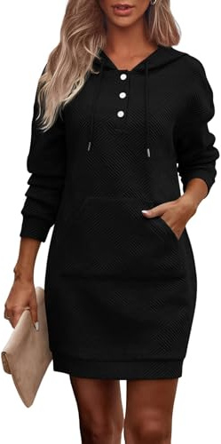 ABYOVRT Robe Sweat à Capuche Femme Manches Longues Robe Pull décontractée en Tissu Gaufré avec Poche et Boutons,S-XL