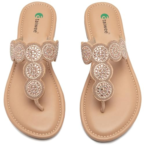Ataiwee Women's Bohemian Bling Flat Slide Sandals - Casual Summer Thong Sandals with Rhinestone Decor, Rubber Sole, Lightweight & Comfortable for Casual Attire Strappy Sandals.(2207007,GD/MF,12)