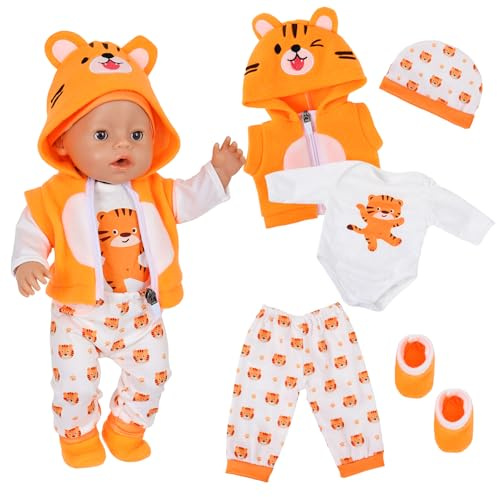 Dockkläder för 14-18 tums docka, babydocktillbehör för 35-45 cm dockor, söta dockkläder med jumpsuit, topp, hatt, kappa, strumpor, söta djurdockkläder för docksamlare och barn (tiger)