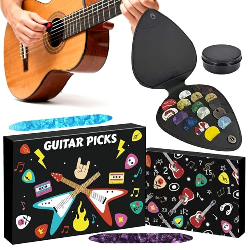 Nedräkningskalender, 24 dagar 2025 advent – gitarrplektrum musikalisk juldekor | För akustisk elektrisk bas ukulele vuxna barn nybörjare spelare semester skola