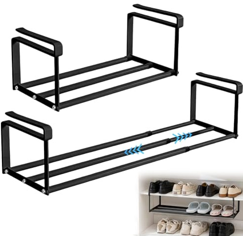 Zapatero colgante extensible 40-70 cm, estante inferior ajustable, cesta colgante, organizador para organizar y ordenar cocinas, armarios y zapateros (negro)