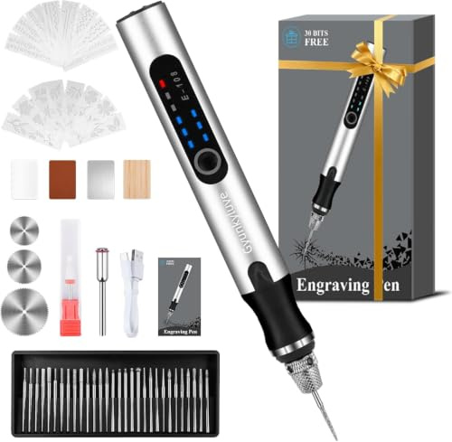 Gyunkyluve Stylo de Graveur Électrique Sans Fil, Kit 60 Accessoires, 3 Vitesses Réglables, Outil de Gravure Rotatif pour tous les Matériaux, Cadeau Artistes & Bricoleurs, Adapté aux Débutants, Argenté