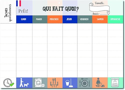 Prêt! Calendrier Hebdomadaire Familial A3 à Remplir, Planning Mural Organisation avec 8 Cases de Tâches Quotidiennes, Tableau Semainier Personnalisable, Papier Cartonné, Bleu, 29,7 x 42 cm + Crochet