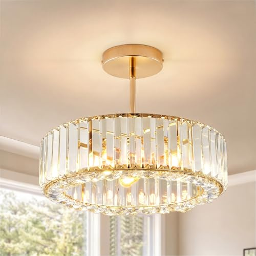 Warmiehomy 40cm Crystal Chandelier Ceiling Lights, Gold | E27 Base, Round Modern Semi Flush Light Fittings for Living Room Bedroom Hallway Lounge Kitchen Dining Room