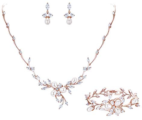 EVER FAITH CZ simulierte Perle Blume Blatt Filigrane Halskette Ohrringe Armband Set Klar Rosa-Gold-Ton