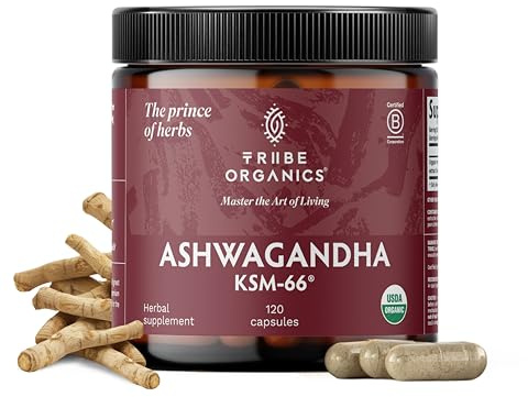 TRIBE ORGANICS Ashwagandha KSM 66 Organic Stress Support Supplement, 120ct