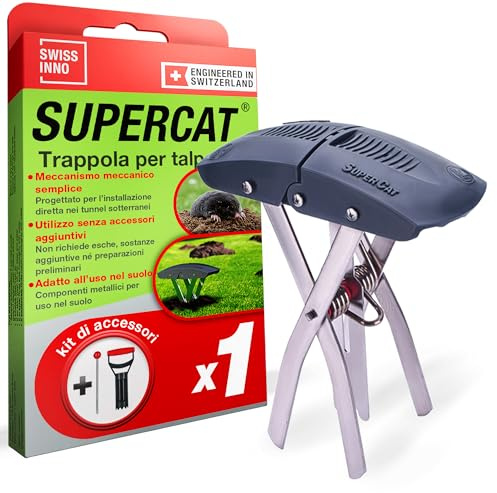 SWISSINNO Mullvadsfälla SuperCat med Installationskit – Tunnelsond & Jordskärare ingår – Hög fångstgrad, enkel placering i tunnel – Återanvändbar och robust – För trädgård