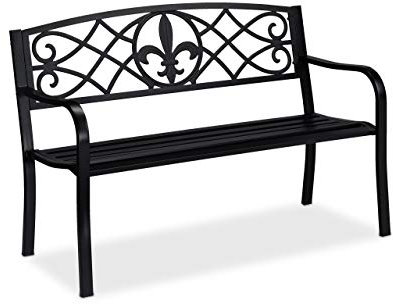 relaxdays Banc de Jardin, Motifs Fleur de lis, 2 sièges, Confortable, Balcon et terrasse, Acier HLP 86x127x60 cm, Noir