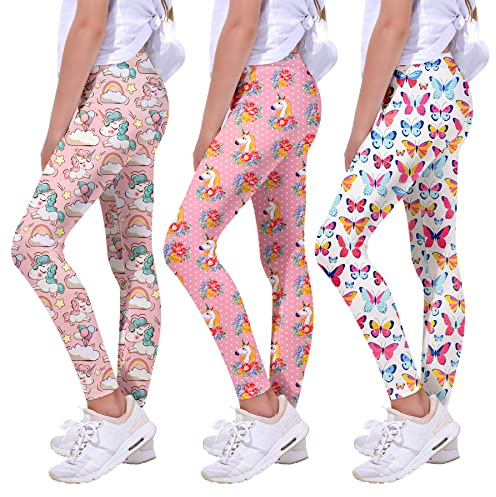 Quedoris Girls 3-Pack Printed Leggings Floral Unicorn/Butterfly/Sheep Unicorn 120Y