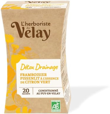 L'Herboriste du Velay - Infusion BIO Détox Drainage - Feuilles de Framboisier, Pissenlit, Citronnelle, Menthe Douce, Citron Vert - Conditionné au Puy-en-Velay - Boite de 20 Sachets