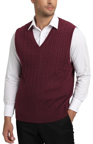 Kallspin Men’s Sweater Vest Wool Blend Cable Knit Sleeveless Jumper Casual Pullover Knitwear(Burgundy, XL)