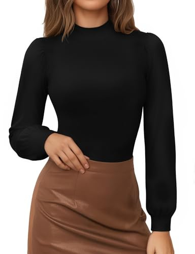 MANGOPOP Mock Neck Puff Sleeve Bodysuit Turtleneck Loose Lantern Long Sleeve Body Suit for Women for Going Out, Black, X-Large