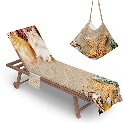 Highdi Schonbezug Liegestuhlauflage, 3D Schonbezug für Gartenliege, Strandliegenauflage mit Taschen, Mikrofaser Handtücher für Strandliegen Liegestuhl (75x210cm,Muscheln)