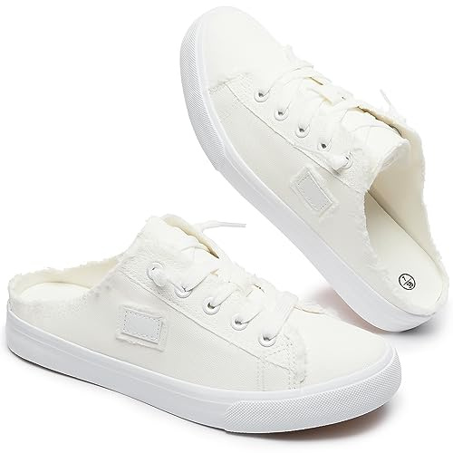 BENPAO Womens Canvas Mules White Slip on Fashion Sneakers Black Loafers Comfortable Casual Shoes for Women(White,US8)