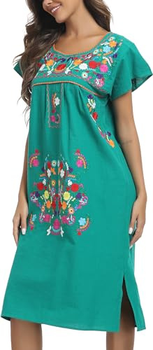 YZXDORWJ Women Mexican Long Floral Dress Embroidered Traditional Dress Ruffle Collar Short Sleeves Bridesmaid Dress (XL, 627SG)