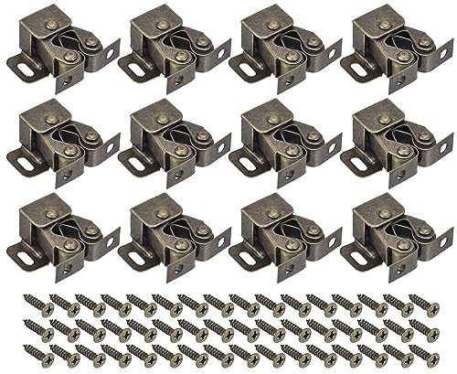 QUARKZMAN 12 Juegos Doble Rodillo Cierre Gabinete Pestillo Herraje Accesorio para Gabinete Alacena Armario Muebles Puerta, Bronce