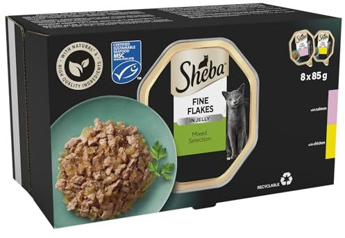 Sheba Fine Flakes Cat Food Trays Salmon and Chicken in Jelly Collection 8 x 85g