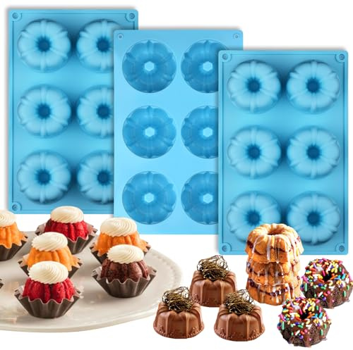 Palksky Mini Fluted Tube Pan Silicone 6-Cavity(3PCS), Multi-Cavity small Cake Baking Pan, mini moldes para chocoflan