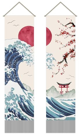 AHANDMAKER Confezione da 2 arazzi giapponesi con onde oceaniche rosse sole e onde e fiori di ciliegio rossi nappe da appendere alla parete per stanza, 33 x 130 cm
