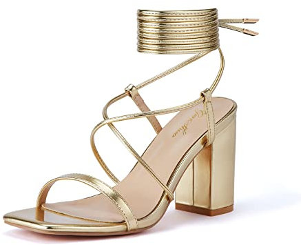 GENSHUO Damen Sandalen mit offener Quadrat-Zehenpartie, Schnürung kräftigen Blockabsätzen, Riemen, sommerliche Brautschuhe für Hochzeit, Gold B, EU 38.5