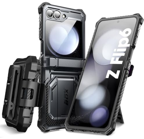 i-Blason for Samsung Galaxy Z Flip 6 Case, ZFlip 5 Case with Stand, [Built-in Screen Protector] [Hinge Protection] [Belt-Clip], Military Phone Case for Samsung Z Flip 7 FE/6/5, Armorbox, Black