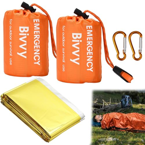 ZIGefofo 3 Pezzi Sacco a Pelo di Emergenza e Coperta Termica Oro Argento Leggero Sacco a Pelo Sopravvivenza con 2 Moschettone per Primo Soccorso Outdoor Campeggio Trekking Viaggiare Protegge da Freddo