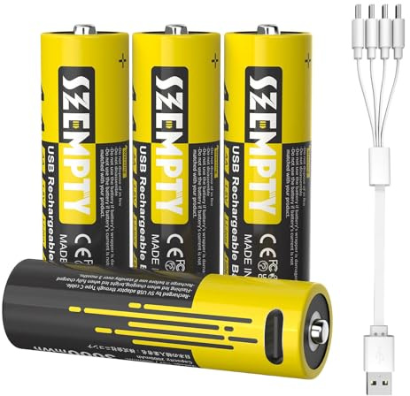 SZEMPTY AA 3000 mWh batterie ricaricabili USB, 4 pezzi, 2000 mAh Double A 1.5 V al litio USB-C Pila, batteria ricaricabile con cavo di ricarica USB 4 in 1 USB-A a USB-C, oltre 1200 cicli.