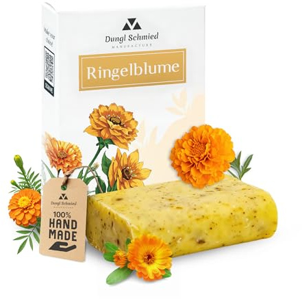 Dungl Schmied Jabón sólido de caléndula – Jabón hecho a mano – Jabón natural sin aceite de palma – Jabón de cuidado – Jabón corporal para todos los tipos de piel – Jabón exfoliante suave hecho a mano