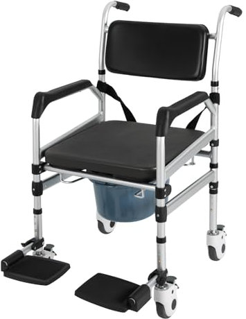 Hadwigger Silla de ducha con ruedas, 46 – 54 cm, altura regulable, plegable, capacidad de carga de 160 kg, para personas mayores, silla de ruedas a prueba de caídas con inodoro, cubo extraíble