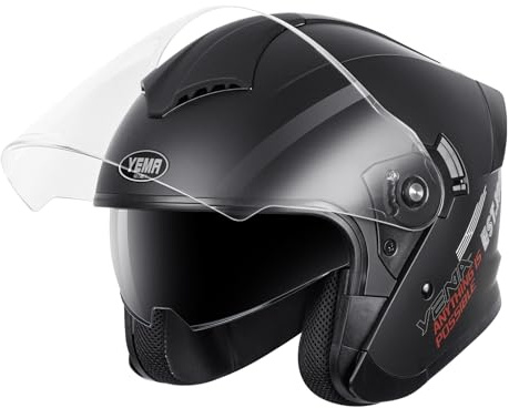 YEMA 3/4 Open Face Motorcycle Helmet DOT Approved - Dual Visor, Quick Release Buckle, Adult Motorbike Helmets for Men & Women, Moped Scooter Street Bike Helmet YM-650, Black, S