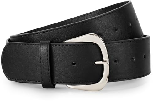 WERFORU Dam brett bälte för klänningar dam läderbälte med guldspänne, 4,8 cm brett, Svart med silverspänne, Fit Taillengröße 84-93cm