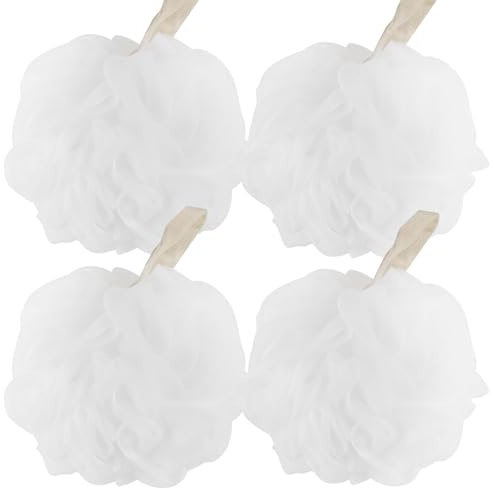 Fu Store Lot de 4 éponges de bain en luffa de 70 g pour le corps, les exfoliants, le lavage du dos, la salle de bain pour homme et femme, blanc