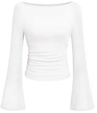 PRETTYGARDEN Womens Long Sleeve Shirts 2026 Spring Crop Going Out Tops Casual Boat Neck Bell Sleeve Ribbed Ruched Y2K Clothes (White,Small)