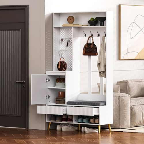 Set guardaroba Moimhear, appendiabiti a muro, set guardaroba per corridoio con panca per scarpe, 4 ganci appendiabiti, due cassetti e 1 porta (Bianco-2, 100 x 35 x 180 cm)