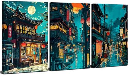Set of 3 Japanese Wall Art Anime Pictures for Bedroom Abstract Tokyo City Landscape Canvas Posters Illustration Arts Prints Japanese Night View Paintings Artwork Home Living Room Decorations 12x16”