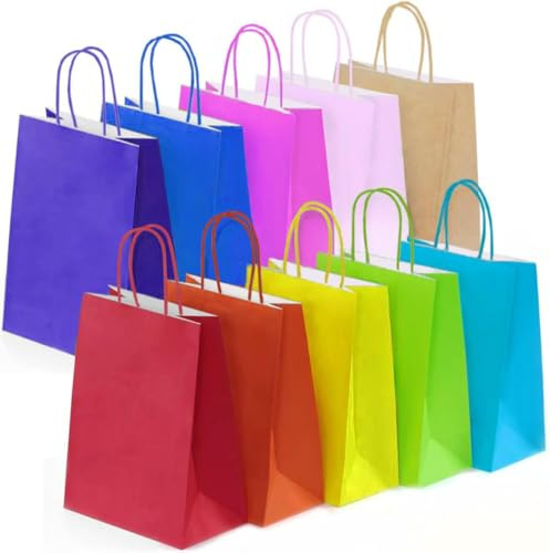 Sliva 50 Pcs Paper Party Bags, Paper Gift Bags with Handles, Colourful Present Bags for Kids Party, Celebrations, Birthday, Wedding, Christmas (15 x 8 x 21 cm)