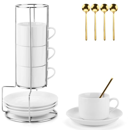 JOTOL Set di 4 Tazzine Caffè, 4 x 5oz(160ml) Set Tazzine Caffè impilabili in Piattino e Supporto in Metallo, Ideale per Espresso, Cappuccino, Latte, Moka e Tè(con 4 Cucchiaio da Caffè)