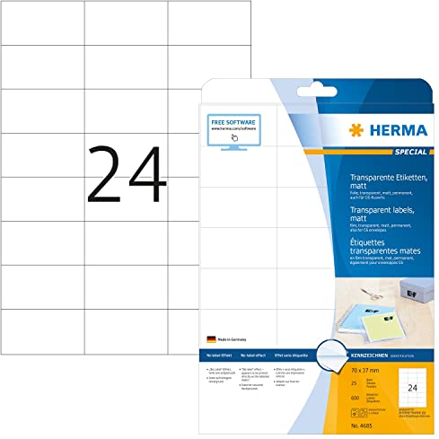 HERMA 4685 Wetterfeste Folienetiketten transparent, 25 Blatt, 70 x 37 mm, 24 pro A4 Bogen, 600 Stück, selbstklebend, bedruckbar, matt, blanko Klebeetiketten Aufkleber aus Folie, durchsichtig