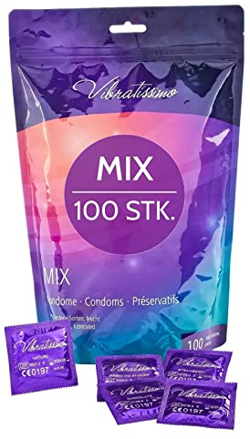 VIBRATISSIMO Kondome Mix 100er Pack gemischt I gefühlsecht & extra feucht I für Men I Beutel dünne Wandstärke & Aromatisiert I hauchzart genoppt & gerippt