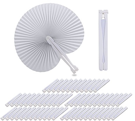 QUMAO Ventaglio Bianco, 60 pz - Pieghevole per Matrimonio, Festa e Ricevimenti - Carta e Plastica (Bianco Rotondo)