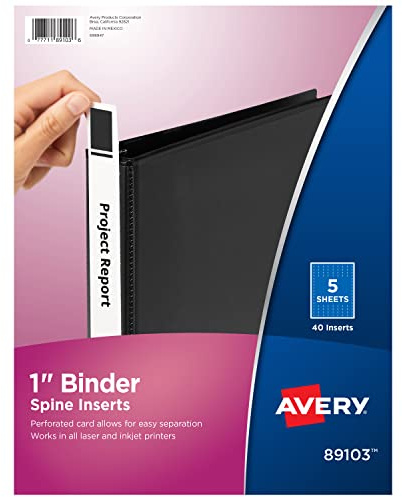 Avery Binder Spine Inserts, for 1 Inch Ring Binders with 1.4 Spine Width, 40 Cardstock View Binder Spine ID Inserts (89103)