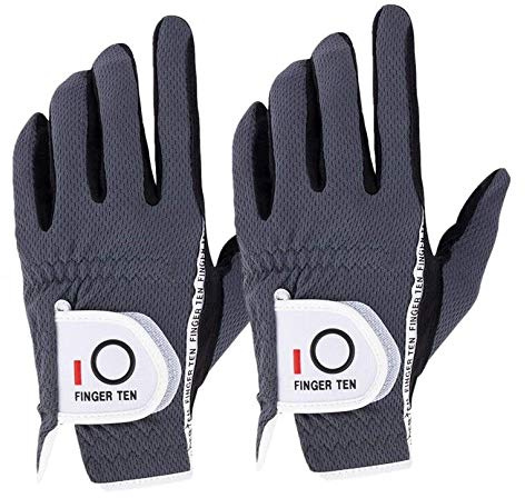 FINGER TEN Guantes de golf para hombre, mano izquierda, agarre de lluvia, paquete de 2, guantes de golf resistentes al desgaste, antideslizantes, color gris, flexibles, duraderos (gris, paquete de 2,