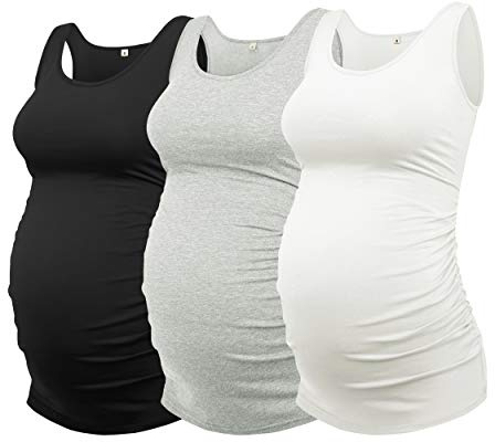 AMPOSH Womens Maternity Tank Tops 3 Pack Cotton Sleeveless Ruched Side Pregnancy Postpartum Shirts Soft Stretch Basic Top(Black/Gray/White, M)