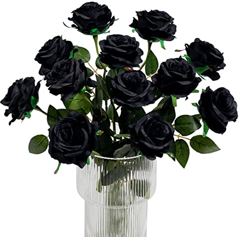 Kisflower 12xHalloween-Dekorationen, schwarze Blumen, künstliche schwarze Rosen, realistische Blumen mit einem Stiel, Seide, künstliche Rosenstrauß für Hochzeit, Party, Büro, Heimdekoration (schwarz)