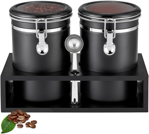 Yangbaga Ground Coffee Storage Container with Shelf, 2×63OZ 304 Stainless Steel Coffee and Sugar Container,Airtight Coffee Canisters with Scoop, Food Storage Jars for Kitchen,Nuts,Tea,Sugar