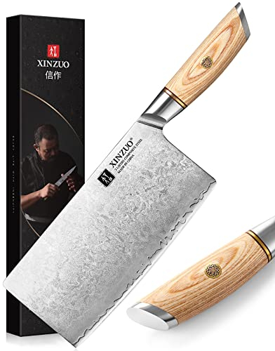 XINZUO 19cm Coltello da Cuoco Cinese Acciaio Composito, Coltello Mannaia per Carne e Verdure Coltello da Macellaio, Professionale Coltello da Cucina Affilata -con Manico in Legno di Pakka