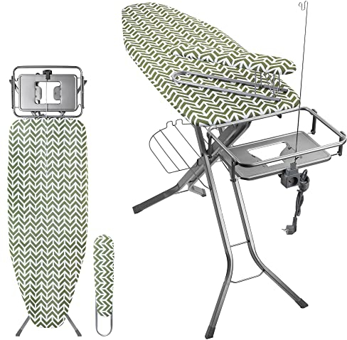 KADAX Bügelbrett mit Ärmelbrett 130x41cm & 53x13cm Bügelfläche, Dampfbügelbrett mit Bügeleisenablage mit Steckdose, klappbarer Bügeltisch mit Dampfbügelstation, Made in EU (Grün)