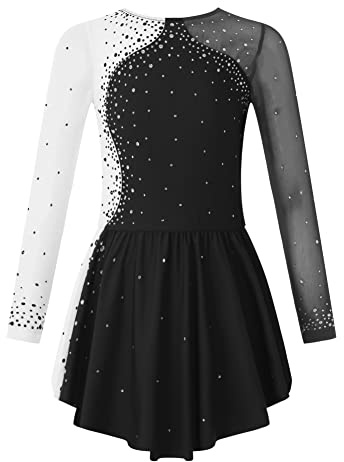 CHICTRY Kjolklänningar konståkning flickor strass glitter ballerinaklänning barn långärmad balettdräkt lapptäcke body med asymmetrisk omlottkjol danskläder