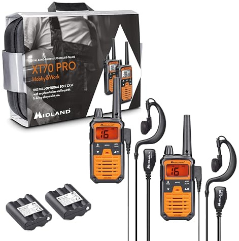 Midland - Walkie Talkie XT70 PRO Dual Hobby & Work, 2 Fully Optional Professional Two-Way Radios, Case and Accessories - 101 Channels PMR446, RRM Channel, IPX4 Waterproof, 12km, 17h Battery Life, VOX.