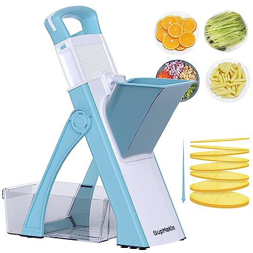 SupMaKin Safe Mandolin Slicer, Straight Vegetable Slicer, Potato Cutter, Julienne Slicer, Thickness Adjuster for Fast Meal Preparation, Light Blue
